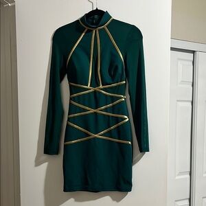 Fashion Nova Green Bodycon Dress with Mock Neck and Long Sleeves